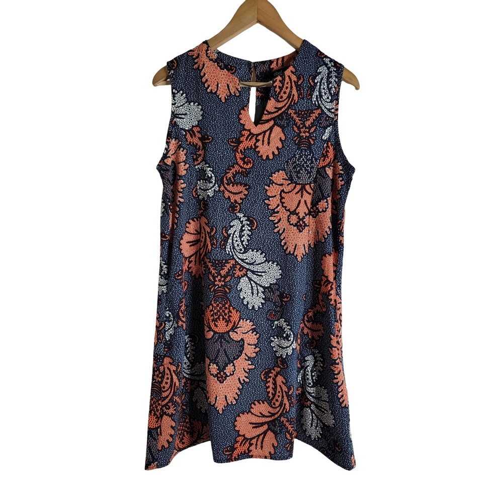 Abof Sleeveless Shift Dress Orange Navy Paisley Damask Print Mini Size M Artsy